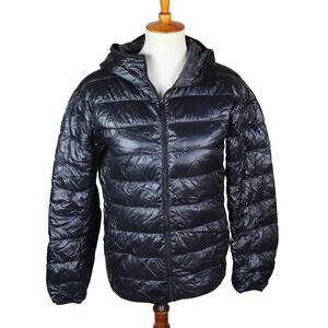 Uniqlo Down Jacket Mens Small Black Ultra Light Packable Puffer Coat Hooded